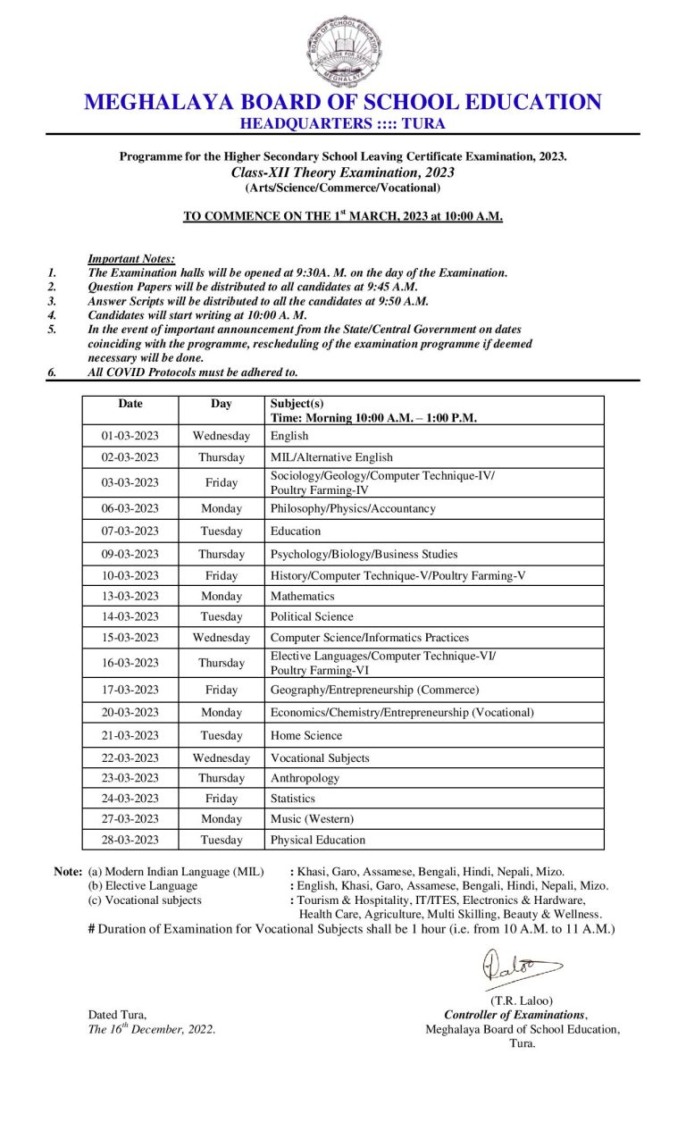 MBOSE HSSLC Routine 2024 Download Meghalaya Board 12th Class Time