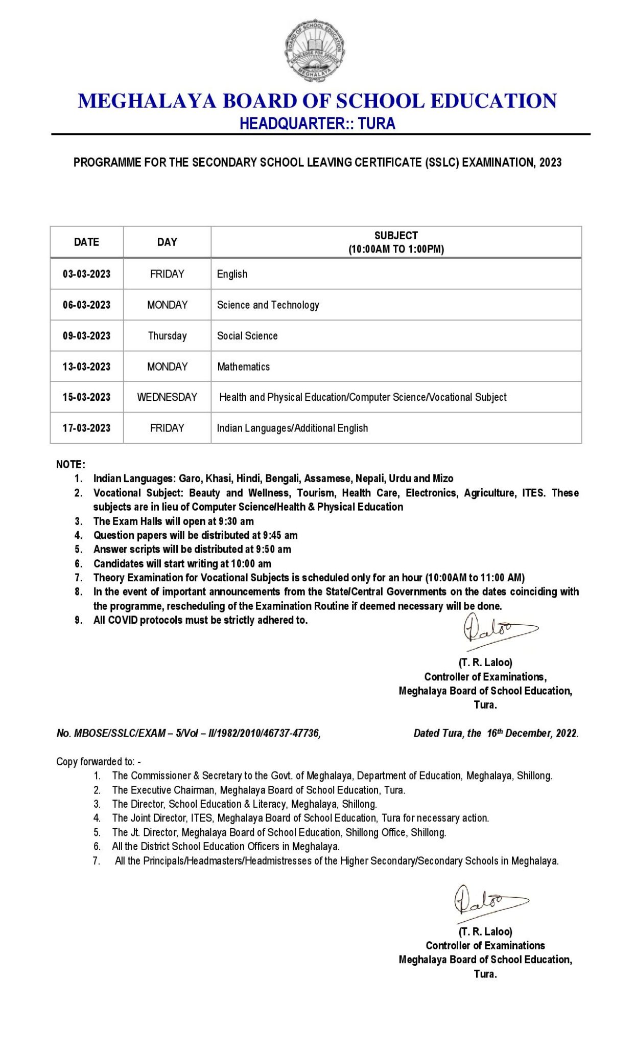 MBOSE SSLC Routine 2024 Download Meghalaya Board 10th Class Exam